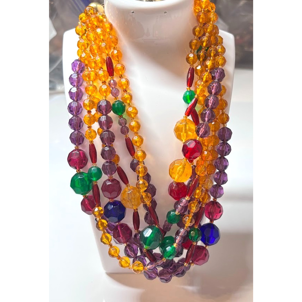 Vtg Chunky Multi Strand Fruit Salad Beaded Necklace Tutti Frutti Lucite Clasp - Picture 2 of 13